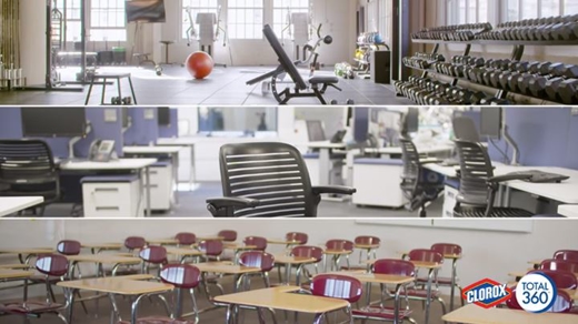 Video still of three environments to be cleaned: gym, office, classroom